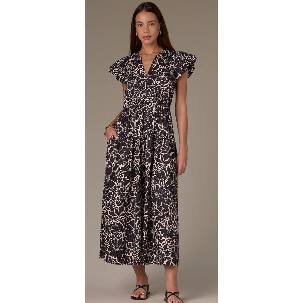WIT& WISDOM CAP SLEEVE V-NECK ELASTIC WAIST PRINTED WOVEN DRESS WITH BACK CUT OU